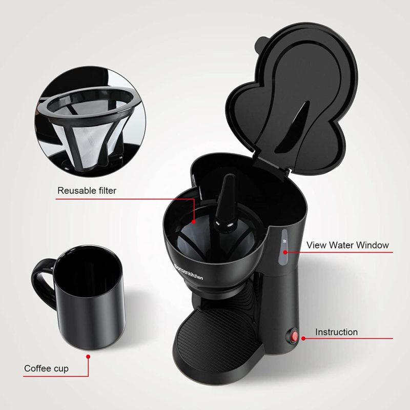 Kitchen & Dining |  Bonsenkitchen Mini Coffee Maker With Ceramics Mug, Compact One Cup Drip Coffee Machine With Durable Reusable Filter, Portable Coffee Brewer For Home And Office Coffee, Tea & Espresso Appliances Bonsenkitchen