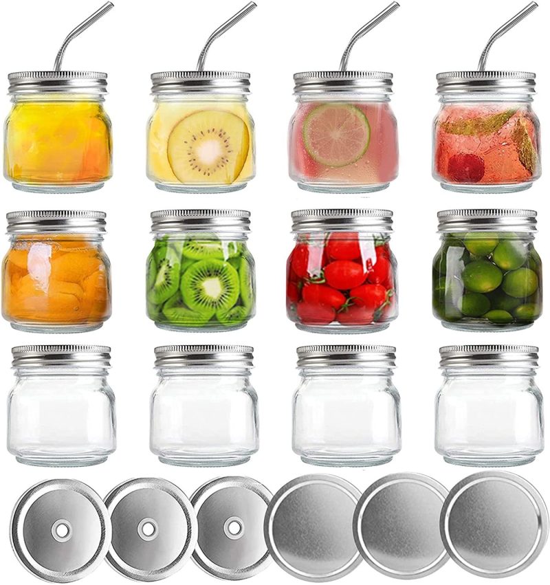 Kitchen & Dining |  Cedilis 12 Pack Mason Jars With 12Pcs Straw Lids And 12Pcs Regular Lids, Drinking Glass Jars Airtight Canning Jars Jelly Jars For Meal Prep, Jam, Honey, Shower Favors, Baby Foods, Salads, Yogurt (8Oz) Cookware Cedilis