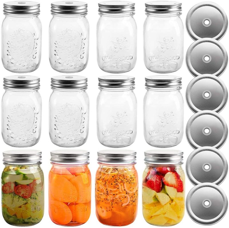 Kitchen & Dining |  Cedilis 12 Pack Mason Jars With 12Pcs Straw Lids And 12Pcs Regular Lids, Drinking Glass Jars Airtight Canning Jars Jelly Jars For Meal Prep, Jam, Honey, Shower Favors, Baby Foods, Salads, Yogurt (8Oz) Cookware Cedilis