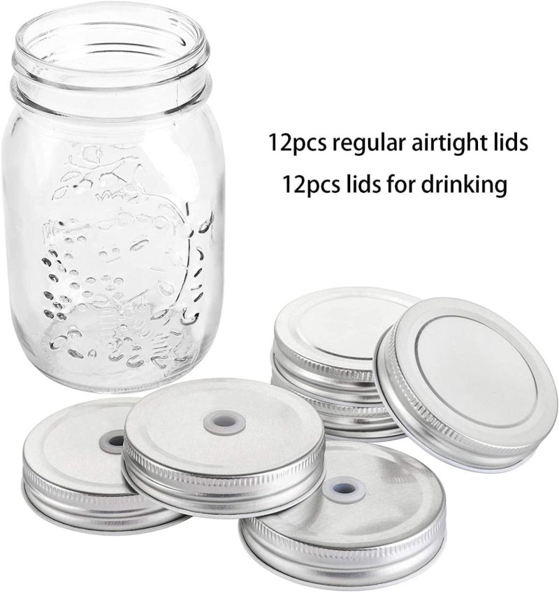 Kitchen & Dining |  Cedilis 12 Pack Mason Jars With 12Pcs Straw Lids And 12Pcs Regular Lids, Drinking Glass Jars Airtight Canning Jars Jelly Jars For Meal Prep, Jam, Honey, Shower Favors, Baby Foods, Salads, Yogurt (8Oz) Cookware Cedilis