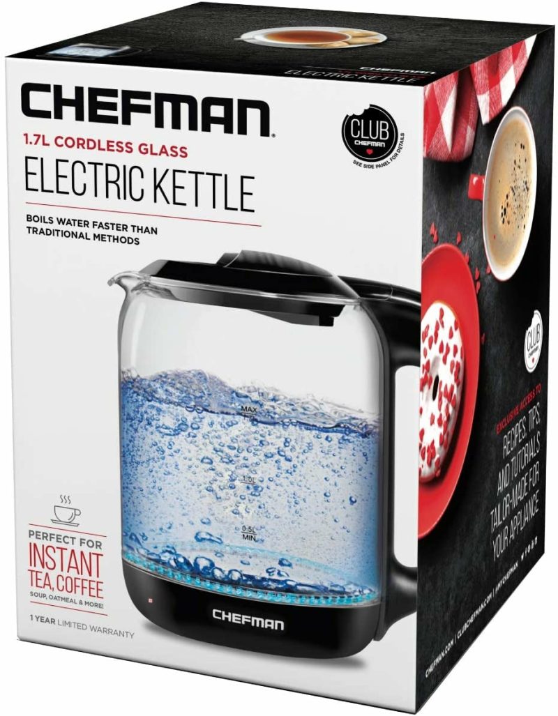 Kitchen & Dining |  Chefman 1.7 Liter Electric Glass Tea Kettle, Fast Hot Water Boiler, One Touch Operation, Boils 7 Cups, Swivel Base & Cordless Pouring, Auto Shut-Off Coffee, Tea & Espresso Appliances Chefman