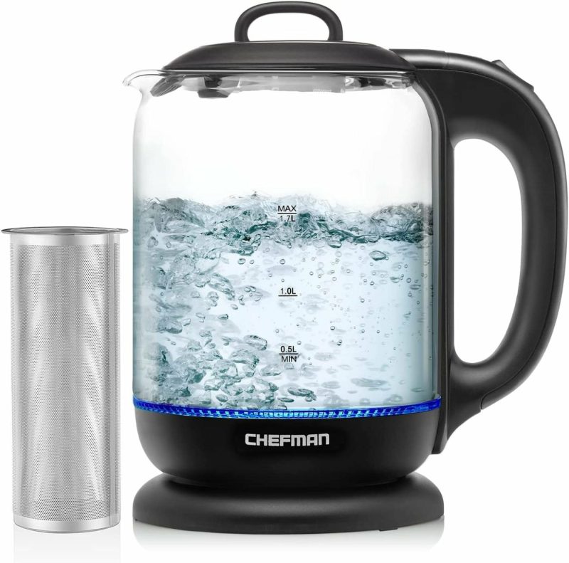 Kitchen & Dining |  Chefman 1.7 Liter Electric Glass Tea Kettle, Fast Hot Water Boiler, One Touch Operation, Boils 7 Cups, Swivel Base & Cordless Pouring, Auto Shut-Off Coffee, Tea & Espresso Appliances Chefman