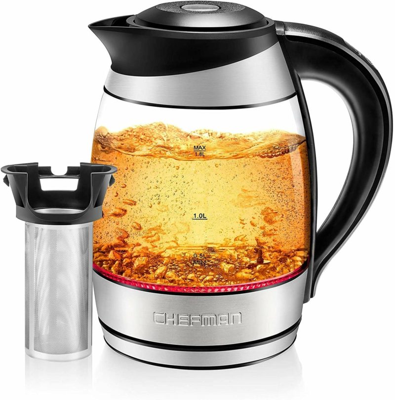 Kitchen & Dining |  Chefman 1.7 Liter Electric Glass Tea Kettle, Fast Hot Water Boiler, One Touch Operation, Boils 7 Cups, Swivel Base & Cordless Pouring, Auto Shut-Off Coffee, Tea & Espresso Appliances Chefman