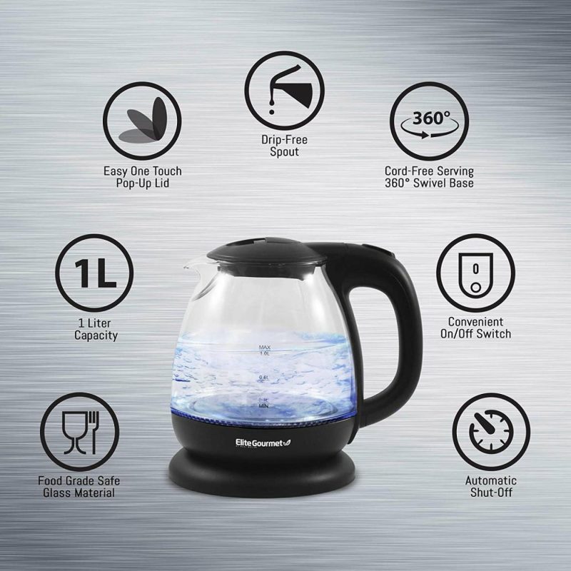 Kitchen & Dining |  Electric 1.0L Bpa-Free Glass Kettle Cordless 360° Base, Stylish Blue Led Interior, Handy Auto Shut-Off Function – Quickly Boil Water For Tea & More Coffee, Tea & Espresso Appliances black