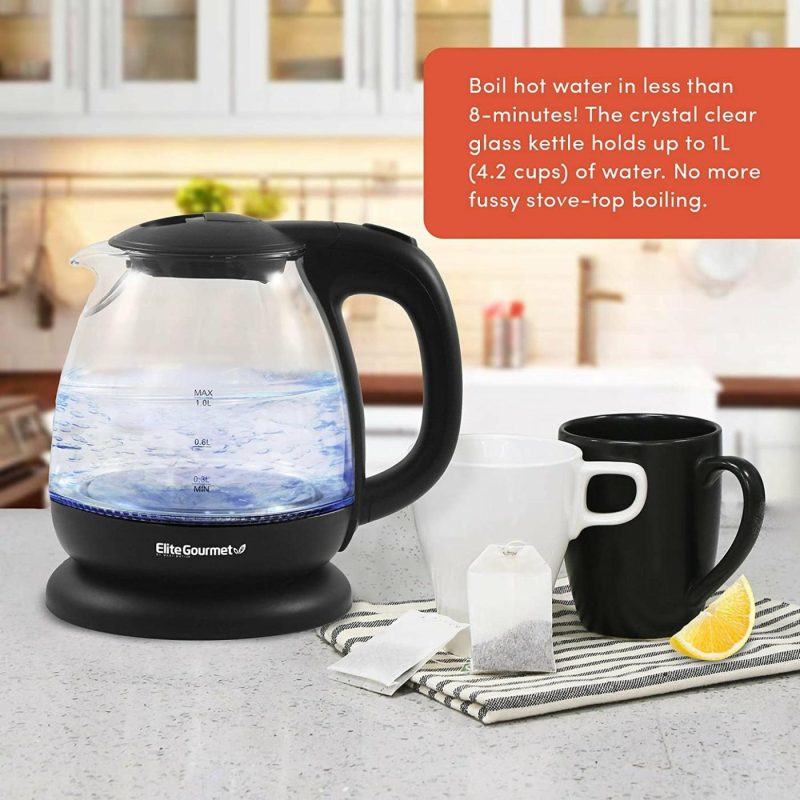 Kitchen & Dining |  Electric 1.0L Bpa-Free Glass Kettle Cordless 360° Base, Stylish Blue Led Interior, Handy Auto Shut-Off Function – Quickly Boil Water For Tea & More Coffee, Tea & Espresso Appliances black