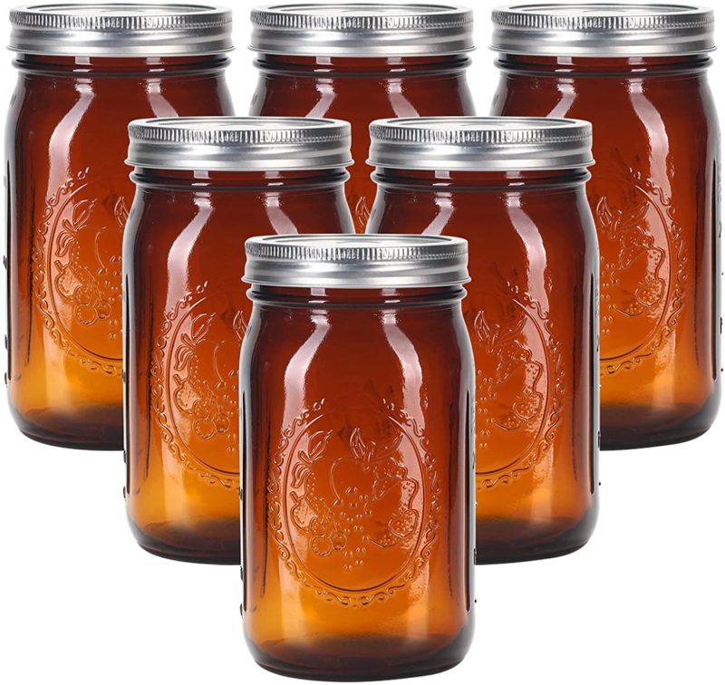 Kitchen & Dining |  Eleganttime Amber Glass Mason Jars 32 Oz Wide Mouth With Airtight Lids And Bands 6 Pack Large Glass Canning Mason Jars With Lids Quart Wide Mason Jars,Great For Canning Jar Pickle Fermenting Jam Jar Cookware Cookware