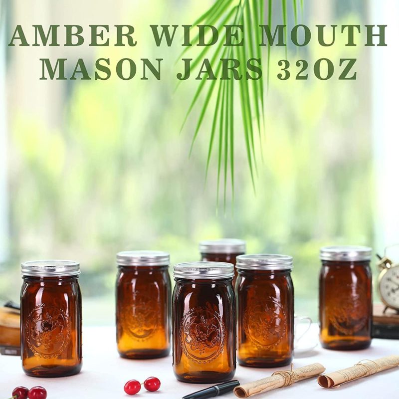 Kitchen & Dining |  Eleganttime Amber Glass Mason Jars 32 Oz Wide Mouth With Airtight Lids And Bands 6 Pack Large Glass Canning Mason Jars With Lids Quart Wide Mason Jars,Great For Canning Jar Pickle Fermenting Jam Jar Cookware Cookware