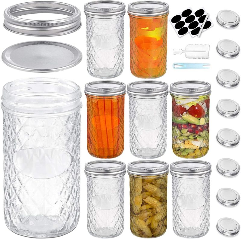 Kitchen & Dining |  Foruisin 12 Oz (8-Set) Regular Mouth Mason Jars With Lids And Bands, Quilted Crystal Style Glass Canning Jars, Ideal For Jellies, Smoothies, Salsas, Relishes, Pie Fillings, Fruits And Vegetables Cookware Cookware