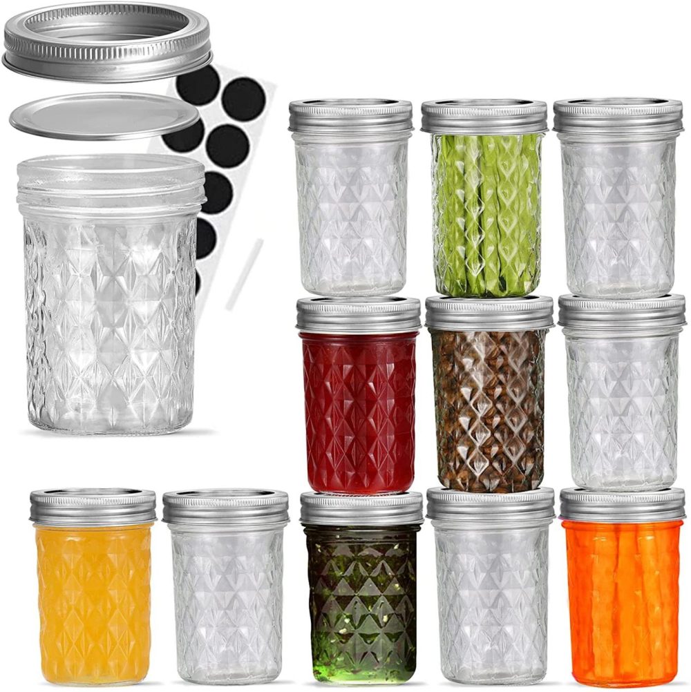 Kitchen & Dining |  Fruiteam 8 Oz Mason Jars With Lids And Bands-Set Of 12, Quilted Crystal Jars Ideal For Jams, Jellies, Conserves, Preserves, Fruit Syrups, Chutneys, And Pizza Sauce Cookware 12