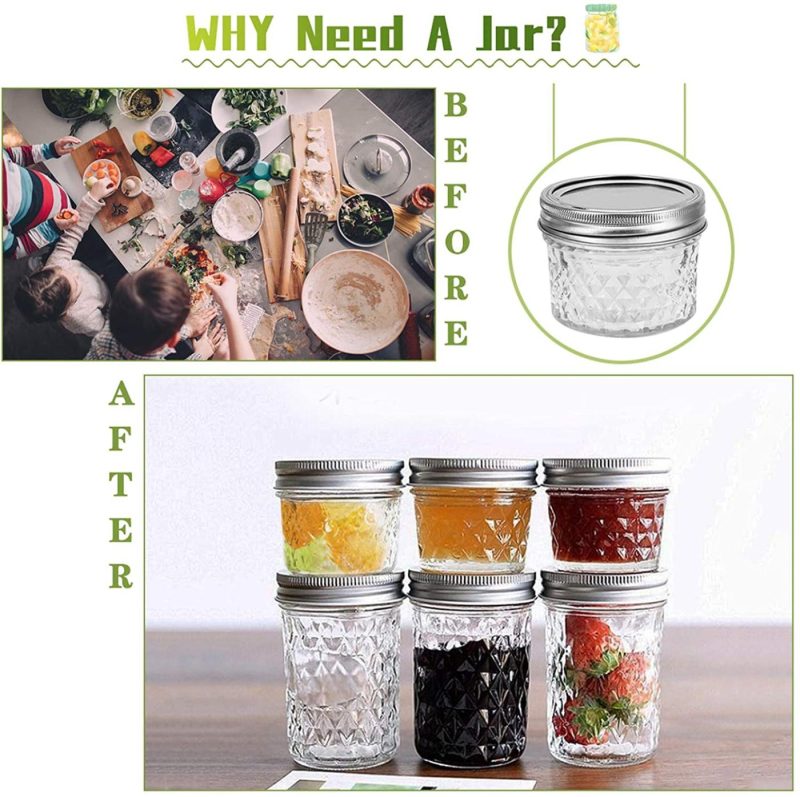 Kitchen & Dining |  Fruiteam 8 Oz Mason Jars With Lids And Bands-Set Of 12, Quilted Crystal Jars Ideal For Jams, Jellies, Conserves, Preserves, Fruit Syrups, Chutneys, And Pizza Sauce Cookware 12