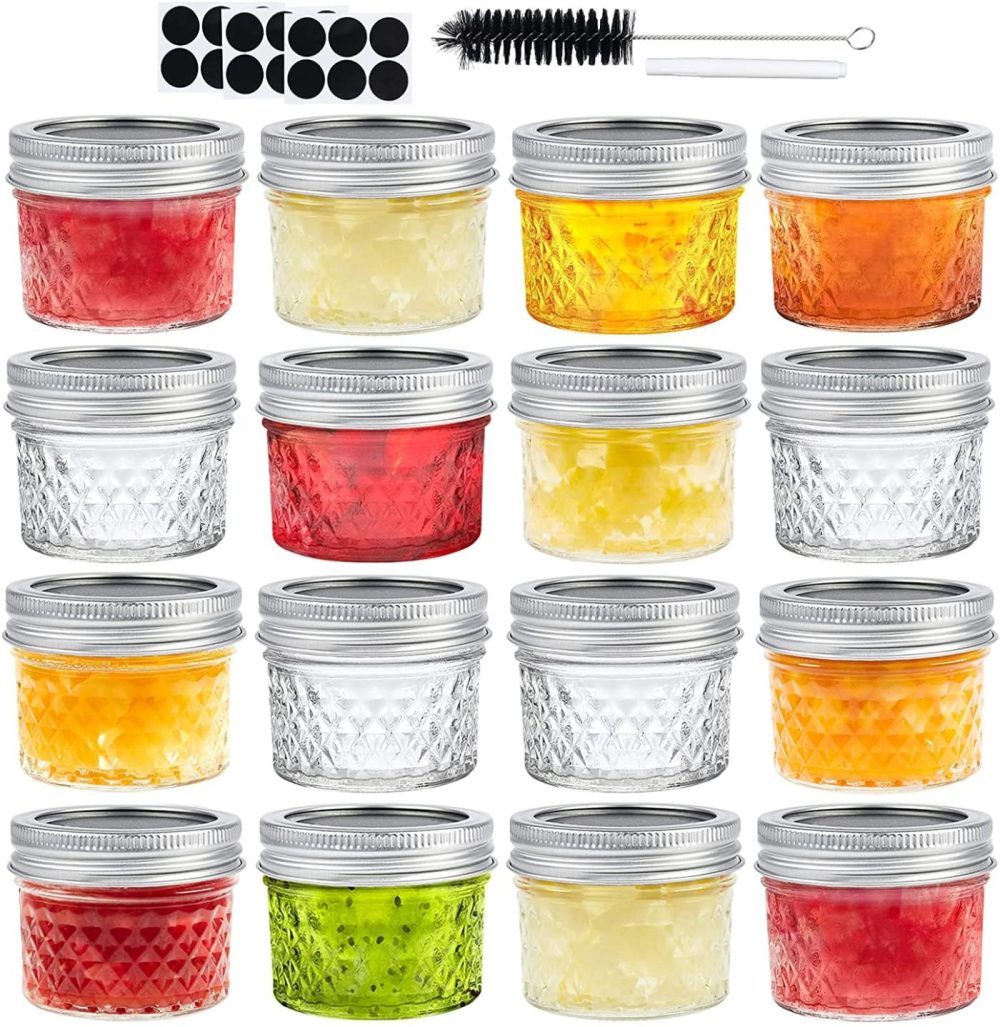 Kitchen & Dining |  Glass Octopus Mason Jars 4 Oz[16 Pack], Quilted Crystal Glass Jars With Regular Lids, Small Canning Jars With Silver Metal Airtight Lids For Jam, Honey, Wedding Favors, Canning Cookware Cookware