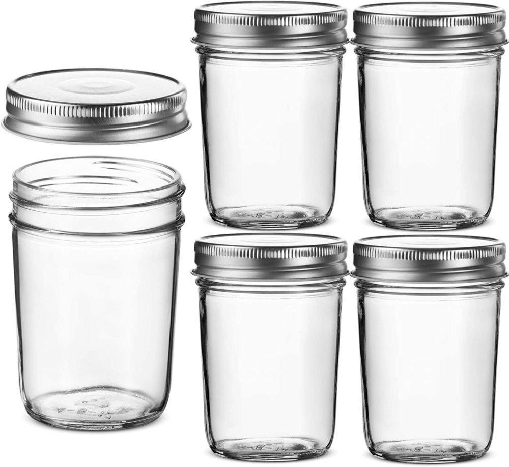 Kitchen & Dining |  Glass Regular Mouth Mason Jars, Glass Jars With Silver Metal Airtight Lids For Meal Prep, Food Storage, Canning, Drinking, Overnight Oats, Jelly, Dry Food, Spices, Salads, Yogurt (5 Pack) (8 Ounce) Cookware Cookware