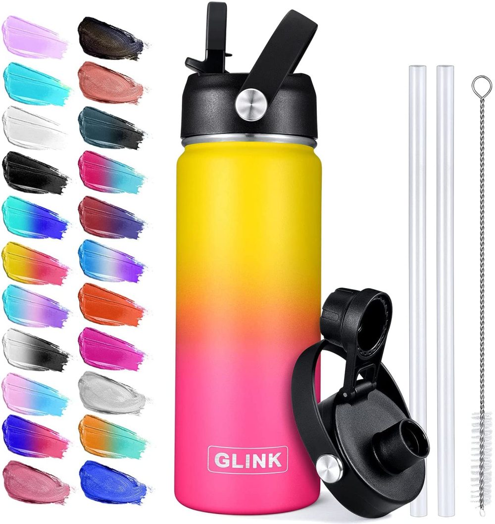 Kitchen & Dining |  Glink Stainless Steel Water Bottle With Straw, 12-64 Oz Wide Mouth Double Wall Vacuum Insulated Water Bottle Leakproof, Straw Lid And Spout Lid With New Rotating Rubber Handle Home Decor & Cleaning Glink