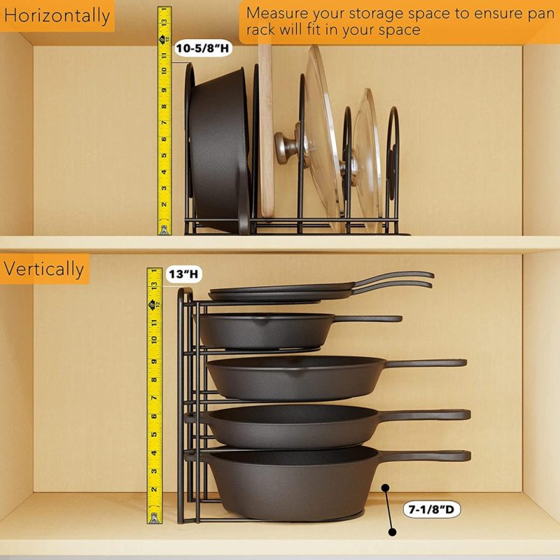 Kitchen & Dining |  Heavy Duty Pan Organizer Rack For Cabinet, Pot Lid Holder, Kitchen Organization & Storage For Cast Iron Skillet, Bakeware, Cutting Board – No Assembly Required Home Decor & Cleaning black