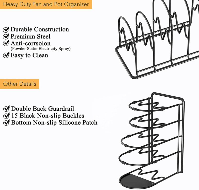 Kitchen & Dining |  Heavy Duty Pan Organizer Rack For Cabinet, Pot Lid Holder, Kitchen Organization & Storage For Cast Iron Skillet, Bakeware, Cutting Board – No Assembly Required Home Decor & Cleaning black