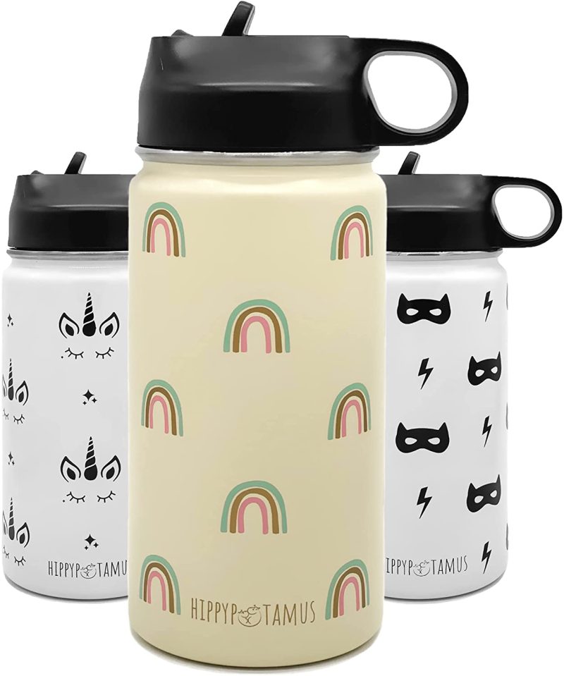 Kitchen & Dining |  Hippypotamus Kids Water Bottle – Vacuum Insulated Stainless Steel Thermos With Straw Lid & Soft Spout For Toddlers – 14 Oz (Unicorn) Home Decor & Cleaning Hippypotamus