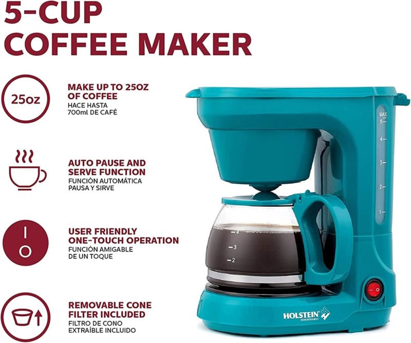 Kitchen & Dining |  Holstein Housewares – 5-Cup Compact Coffee Maker, Teal – Convenient And User Friendly With Auto Pause And Serve Functions,Hh-0914701E Coffee, Tea & Espresso Appliances Coffee, Tea & Espresso Appliances