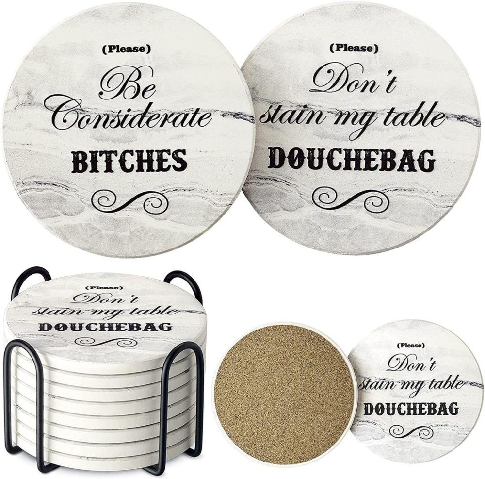 Kitchen & Dining |  Lifver Funny Coasters For Drinks Absorbent With Holder,8 Set Coasters With Cork Base, Ceramic White Marble Style Drink Coaster With 4 Sayings For Wooden Table, Bar, Housewarming Gifts Bar Tools & Drinkware Bar Tools & Drinkware