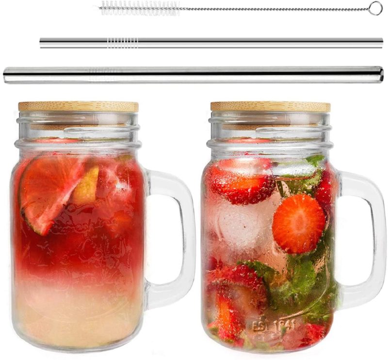 Kitchen & Dining |  Mason Jar With Handle, Set Of 2 Regular Mouth Mason Jars 16 Oz, Mason Jar With Lids And Straws, Reusable Boba Cups Travel Bottle For Iced Coffee Large Pearl Juices Cocktail Cookware CDILOGO