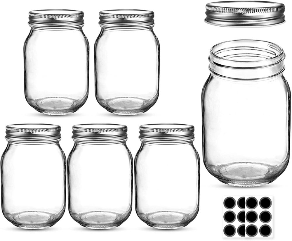 Kitchen & Dining |  Mason Jars 16 Oz, Aiviki Glass Regular Mouth Canning Jars With Silver Metal Airtight Lids For Sealing, Canning, Jam, Honey, Wedding Favors, Shower Favors, Baby Foods, Food Storage, Overnight Oats, Dry Food, Snacks, Candies, 6 Pack 12 Whiteboard Labels Cookware 6