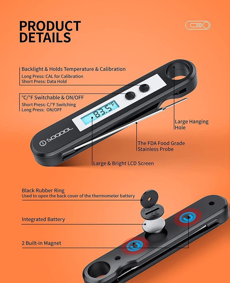 Kitchen & Dining |  Meat Thermometer[Upgraded 2021], Candy And Food Thermometer For Cooking, Soqool Digital Instant Read Meat Thermometer For Kitchen Oil Deep Fry Bbq Grill, Folding Probe Backlight & Calibration Function Home Decor & Cleaning Kitchen & Dining