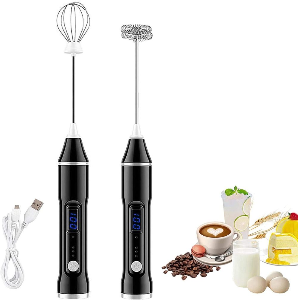 Kitchen & Dining |  Milk Frother, Usb Rechargeable Handheld Electric Foam Maker For Coffee And Baking, 3 Speeds Mini Milk Foamer Drink Mixer Cream Blender With 2 Whisks For Coffee Protein Powder Matcha Black Coffee, Tea & Espresso Appliances black