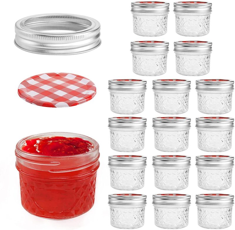 Kitchen & Dining |  Mini Mason Jars 4 Oz, 16 Packs Regular Mouth Small Mason Jars With Lids And Bands, Quilted Crystal Style Glass Canning Jars – Red Lids Cookware CDILOGO