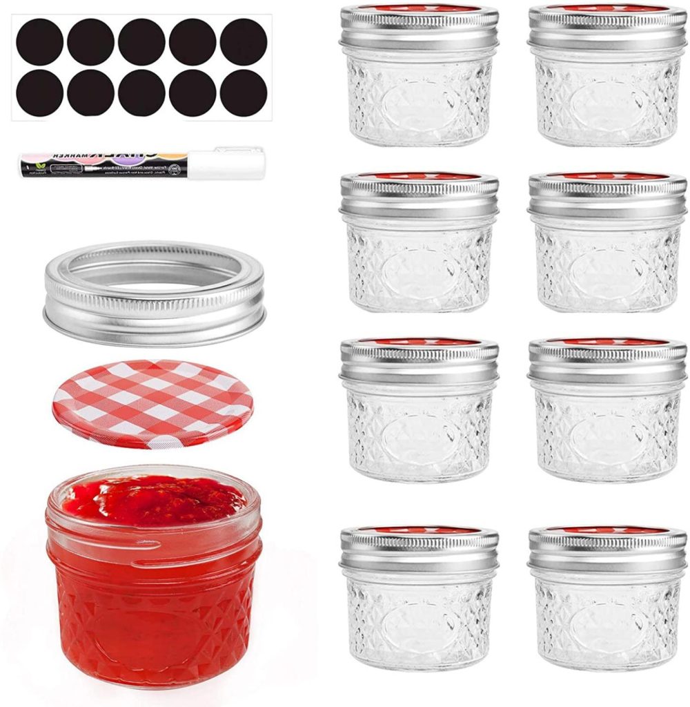 Kitchen & Dining |  Mini Mason Jars, 4 Oz 8 Pack Regular Mouth Small Mason Jar With Lids And Bands, Quilted Crystal Style Glass Canning Jars – Red Lids Cookware CDILOGO