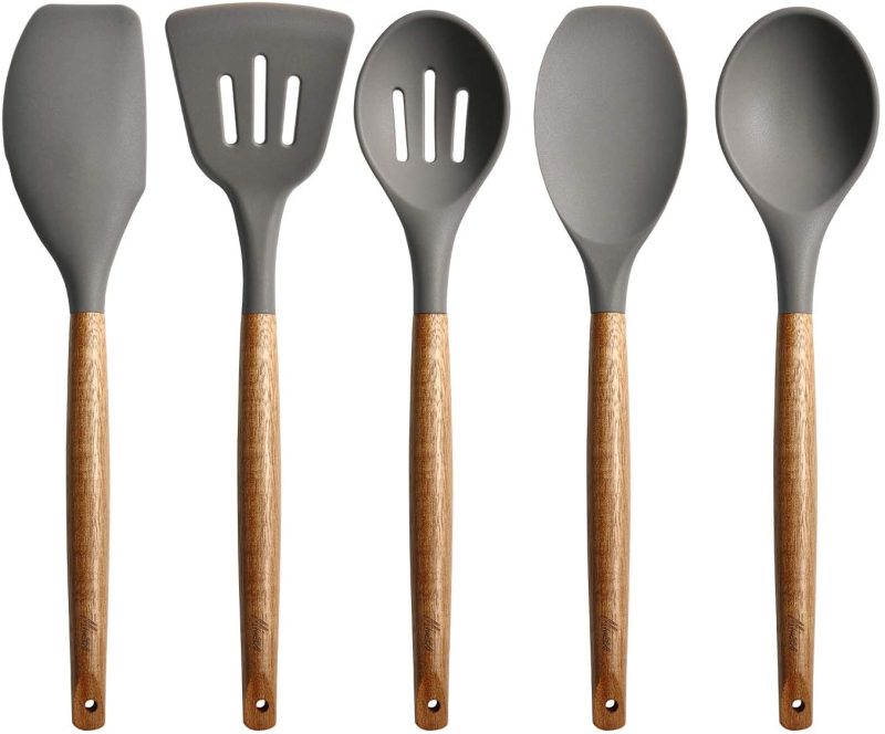 Kitchen & Dining |  Miusco Non-Stick Silicone Cooking Utensils Set With Natural Acacia Hard Wood Handle, 5 Piece, High Heat Resistant Home Decor & Cleaning black