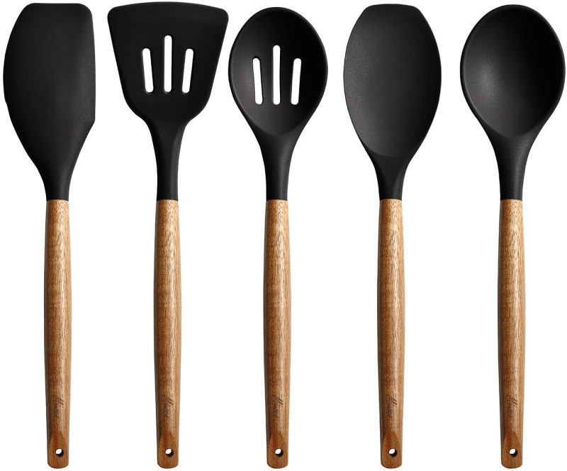 Kitchen & Dining |  Miusco Non-Stick Silicone Cooking Utensils Set With Natural Acacia Hard Wood Handle, 5 Piece, High Heat Resistant Home Decor & Cleaning black