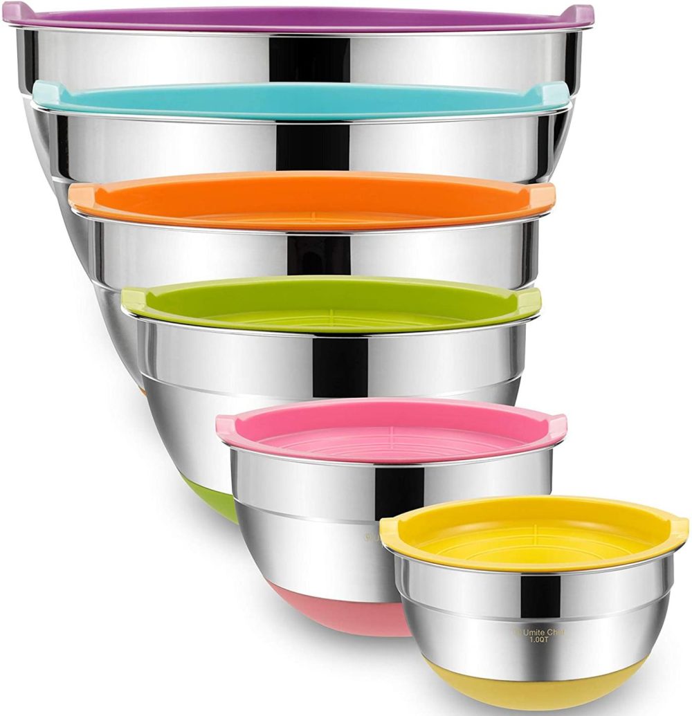 Kitchen & Dining |  Mixing Bowls With Airtight Lids, 6 Piece Stainless Steel Metal Bowls By Umite Chef, Colorful Non-Slip Bottoms Size 7, 3.5, 2.5, 2.0,1.5, 1Qt, Great For Mixing & Serving Bakeware Bakeware