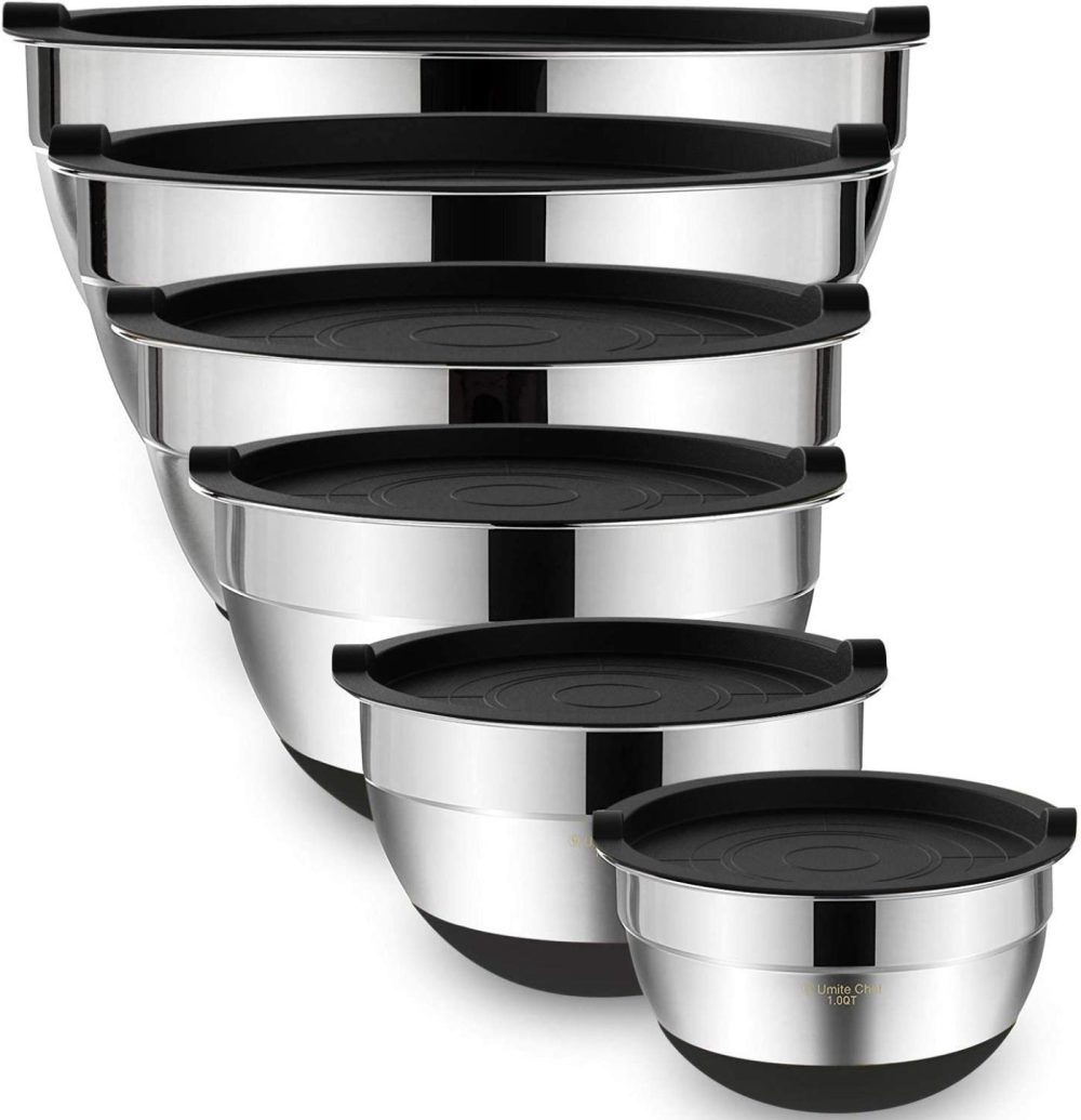 Kitchen & Dining |  Mixing Bowls With Airtight Lids，6 Piece Stainless Steel Metal Nesting Storage Bowls By Umite Chef, Non-Slip Bottoms Size 7, 3.5, 2.5, 2.0,1.5, 1Qt, Great For Mixing & Serving(Black) Bakeware Bakeware