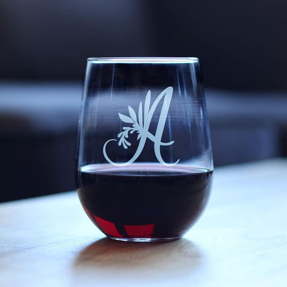 Kitchen & Dining |  Monogram Floral Letter A – Stemless Wine Glass – Personalized Gifts For And Men – Large Engraved Glasses Bar Tools & Drinkware Bar Tools & Drinkware