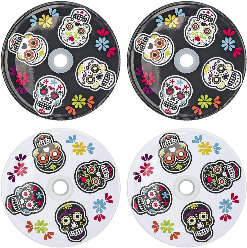 Kitchen & Dining |  Multicolored Skull Mason Jar Lids W/ Hole For Straws, Set Of 4 – Southern Homewares – For Fiestas, Parties, Cinco De Mayo Cookware Cookware