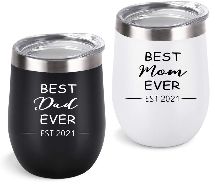 Kitchen & Dining |  New Parents Gifts, Best Dad And Mom Ever Est 2021 Tumbler Set, New Mom And Dad Parents Baby Shower New Pregnancy Gift, Insulated Stainless Steel Wine Tumbler With Lid Straw(12Oz, Black And White) Bar Tools & Drinkware Bar Tools & Drinkware