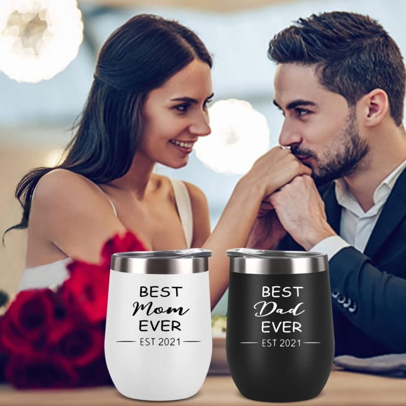 Kitchen & Dining |  New Parents Gifts, Best Dad And Mom Ever Est 2021 Tumbler Set, New Mom And Dad Parents Baby Shower New Pregnancy Gift, Insulated Stainless Steel Wine Tumbler With Lid Straw(12Oz, Black And White) Bar Tools & Drinkware Bar Tools & Drinkware