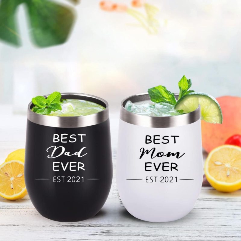 Kitchen & Dining |  New Parents Gifts, Best Dad And Mom Ever Est 2021 Tumbler Set, New Mom And Dad Parents Baby Shower New Pregnancy Gift, Insulated Stainless Steel Wine Tumbler With Lid Straw(12Oz, Black And White) Bar Tools & Drinkware Bar Tools & Drinkware