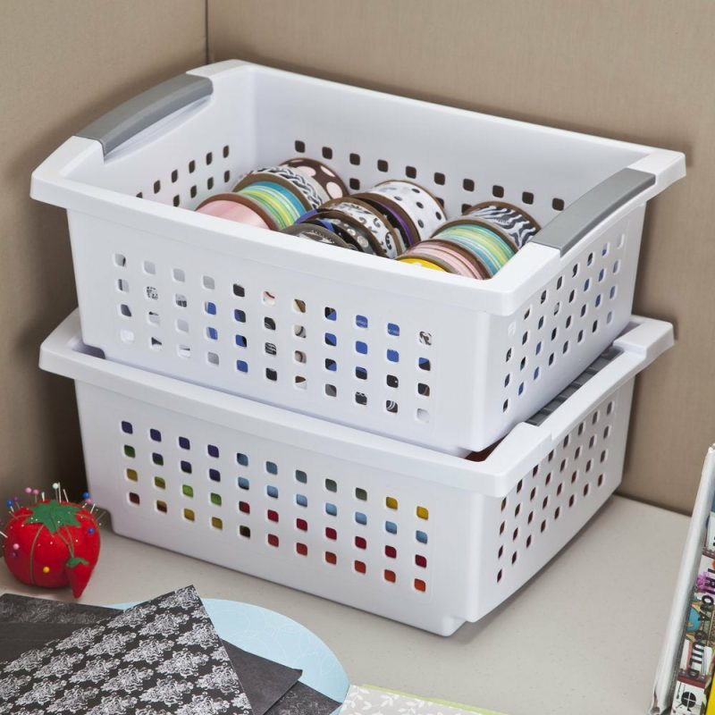 Kitchen & Dining |  Plastic Medium Stacking Basket White Set Of 6 Home Decor & Cleaning Case of 6