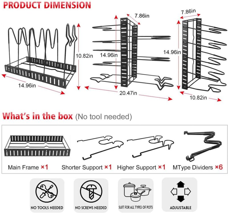 Kitchen & Dining |  Pot Rack Organizers, G-Ting 8 Tiers Pots And Pans Organizer, Adjustable Pot Lid Holders & Pan Rack For Kitchen Counter And Cabinet, Lid Organizer For Pots And Pans With 3 Diy Methods(Upgrade Version) Cookware black
