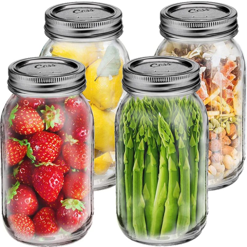 Kitchen & Dining |  Quart Mason Jars With Lids- Large Glass Canning Jars 32Oz Wide Mouth Airtight Lids For Drinks Food Storage Salads Yogurt Fruits Smoothies Meal Prep Overnight Oats (Set Of 4) (32Oz) Cookware Cookware