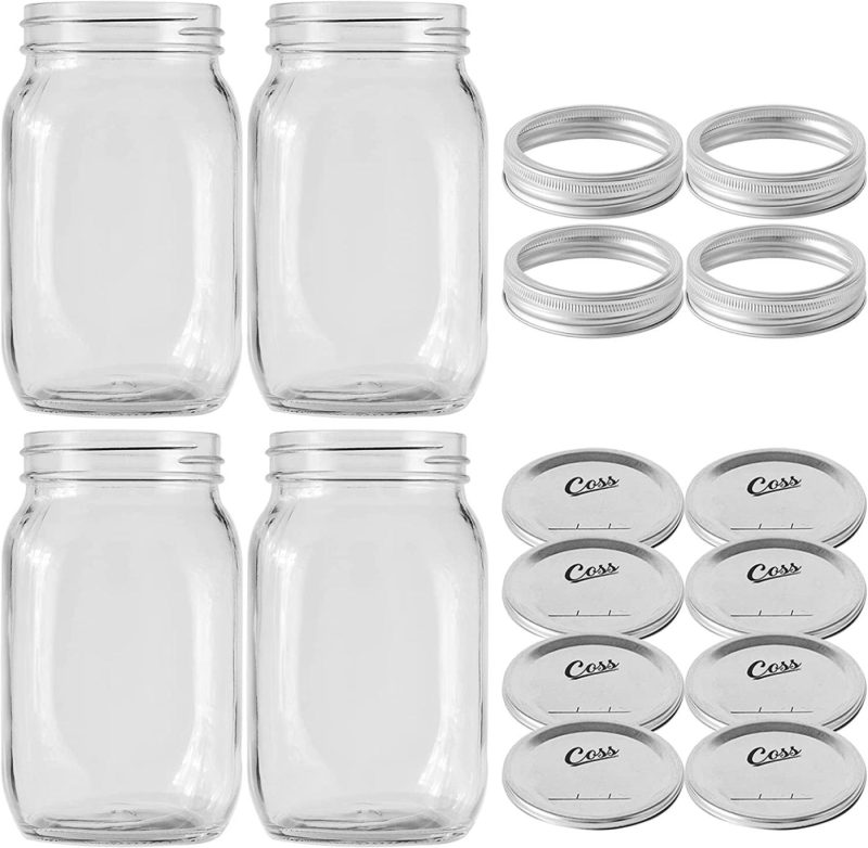 Kitchen & Dining |  Quart Mason Jars With Lids- Large Glass Canning Jars 32Oz Wide Mouth Airtight Lids For Drinks Food Storage Salads Yogurt Fruits Smoothies Meal Prep Overnight Oats (Set Of 4) (32Oz) Cookware Cookware