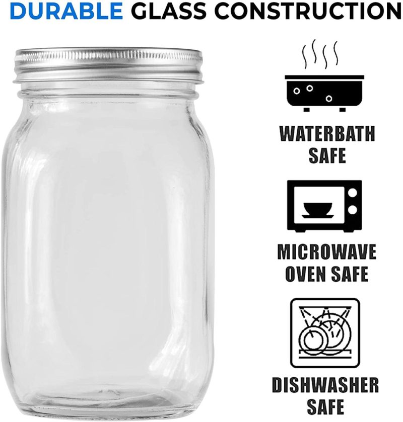 Kitchen & Dining |  Quart Mason Jars With Lids- Large Glass Canning Jars 32Oz Wide Mouth Airtight Lids For Drinks Food Storage Salads Yogurt Fruits Smoothies Meal Prep Overnight Oats (Set Of 4) (32Oz) Cookware Cookware