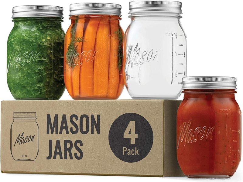 Kitchen & Dining |  Regular-Mouth Glass Mason Jars, 16-Ounce (4-Pack) Glass Canning Jars With Silver Metal Airtight Lids And Bands With Measurement Marks, For Canning, Preserving, Meal Prep, Overnight Oats, Jam, Jelly, Cookware 4