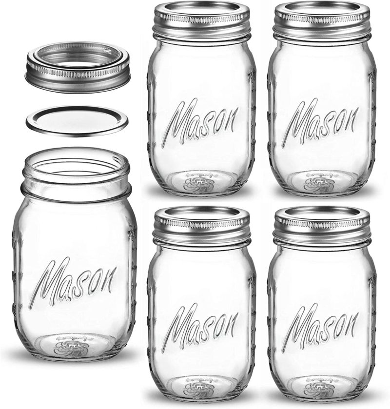 Kitchen & Dining |  Regular-Mouth Glass Mason Jars, 16-Ounce (5-Pack) Glass Canning Jars With Silver Metal Airtight Lids And Bands With Measurement Marks, For Canning, Preserving, Meal Prep, Overnight Oats, Jam, Jelly, Cookware 5