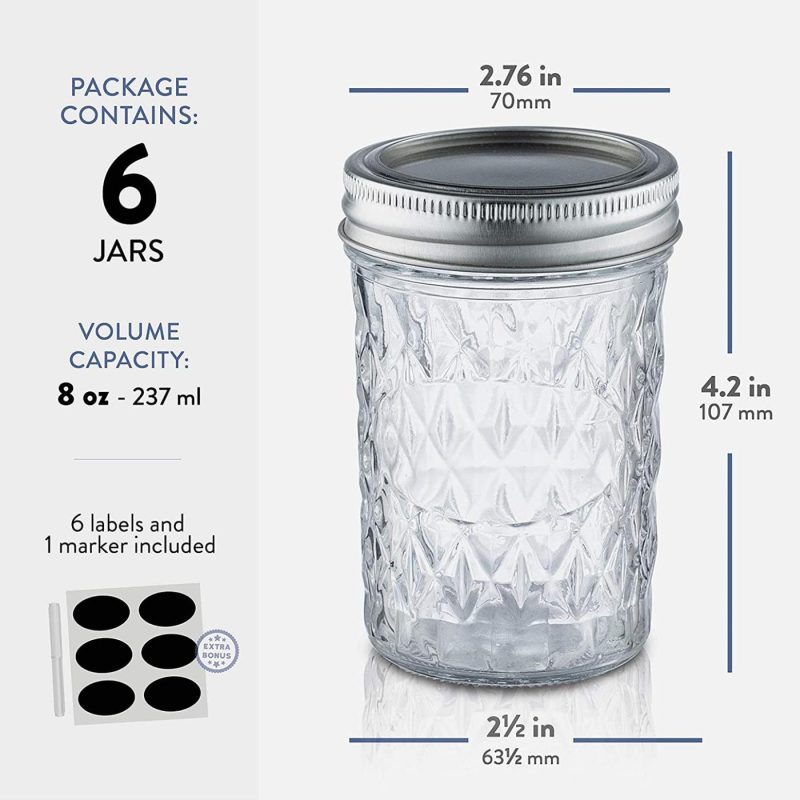 Kitchen & Dining |  Regular-Mouth Glass Mason Jars, 8-Ounce (6-Pack) Glass Canning Jars With Silver Metal Airtight Lids And Bands With Chalkboard Labels, For Canning, Preserving, Meal Prep, Overnight Oats, Jam, Jelly, Cookware 6