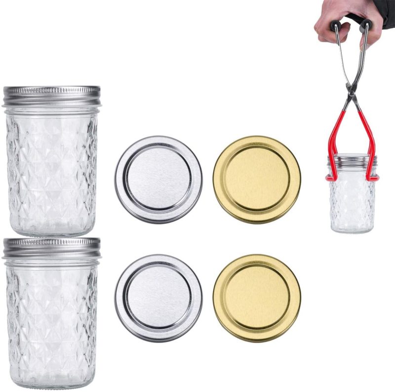 Kitchen & Dining |  Shijj 8Oz Mason Jars With Cans Lifter Regular Mouth Jelly Jars 8 Ounce 2 Pack, 2 Silver Lids + 2 Gold Lids Half Pint Mason Jar Ideal For Canning Food Storage Cookware Clear