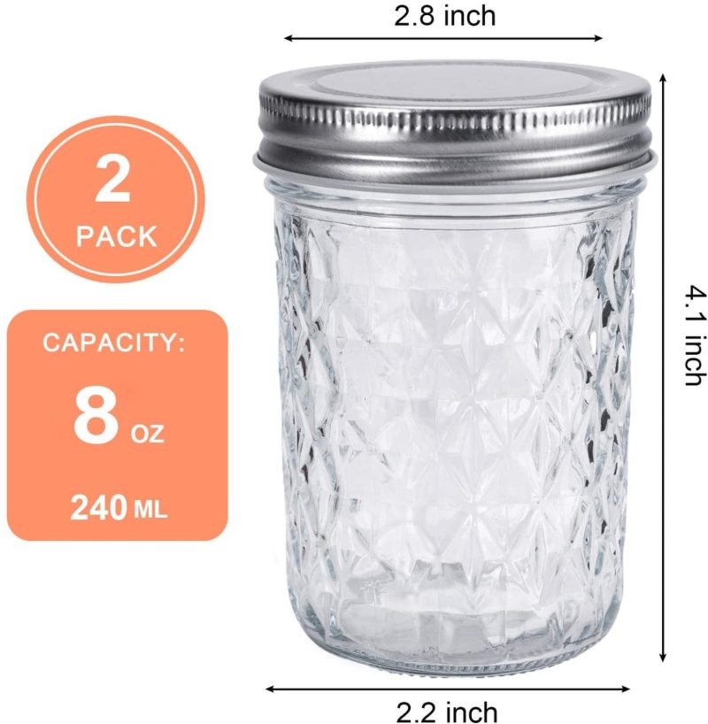 Kitchen & Dining |  Shijj 8Oz Mason Jars With Cans Lifter Regular Mouth Jelly Jars 8 Ounce 2 Pack, 2 Silver Lids + 2 Gold Lids Half Pint Mason Jar Ideal For Canning Food Storage Cookware Clear