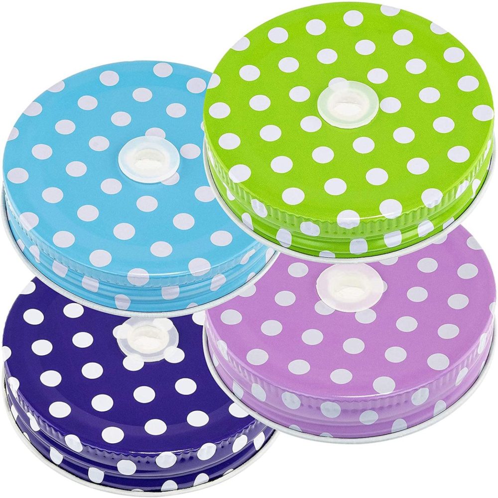 Kitchen & Dining |  Southern Homewares Polka Dot Pattern Mason Jar Lids For Straws Set Of 4 Fun Jar Lids Kids Colorful Jar Lids Straw Holes Small Cookware Cookware