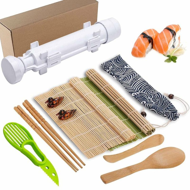 Kitchen & Dining |  Sushi Making Kit, 2 Bamboo Sushi Mats And 1 Professional Sushi Bazooka Rice Roller, 2 Pairs Of Bamboo Chopsticks, Avocado Slicer Holder Paddle Spreader, Rolling, Beginner Sushi Kit Diy At Home Home Decor & Cleaning COSMONIC