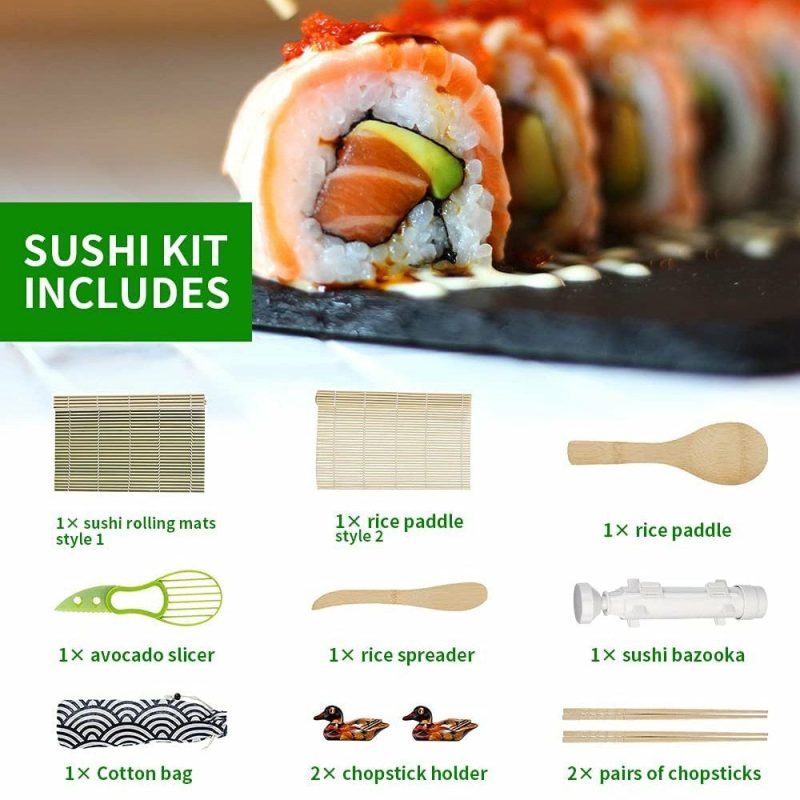 Kitchen & Dining |  Sushi Making Kit, 2 Bamboo Sushi Mats And 1 Professional Sushi Bazooka Rice Roller, 2 Pairs Of Bamboo Chopsticks, Avocado Slicer Holder Paddle Spreader, Rolling, Beginner Sushi Kit Diy At Home Home Decor & Cleaning COSMONIC